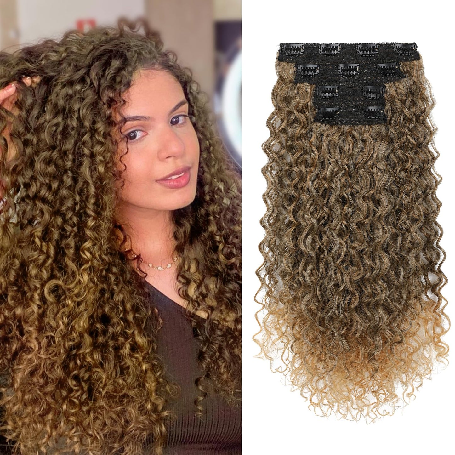 Clip in Hair Extensions, FLUFYMOOZ 4PC 100๏ผ
Pure Protein Silk Hair Extensions Long Soft Natural Hairpiece 20 Inch Curly Hair Extension for Women (Medium Golden Brown to Blonde)
