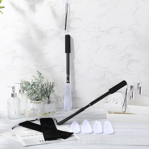Sunnyray 2 Set Toe Cleaning Brush with Reusable Drying Covers Foot Cleaner with Telescopic Aluminum Alloy 12-24 Inch Long Handled Toe Lotion Applicator for Seniors Elderly Disabled Men and Women