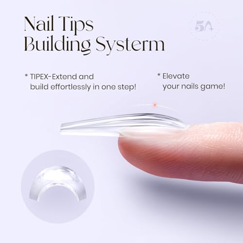 Tipex Instant Apex Nail Tips – Pre-Etched Acrylic Hard Gel Tips Kit for Flat Nails, Long Coffin Deep C Curve, Full Cover Press-On Nails for Beginners, UV Glue & LED Lamp Set