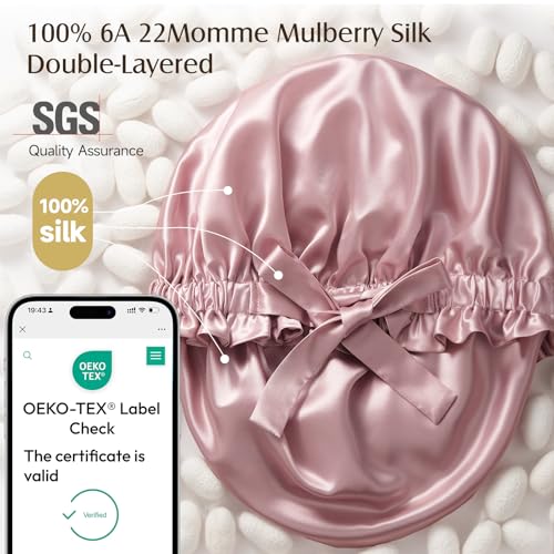 YFONG Double Layered 100% Mulberry Silk Bonnet for Sleeping Women, Large 22MM Luxury Silk Sleep Cap with Elastic Band & Tie, Natural Night Hair Wrap for Hair Care Short Long Curly Hair, Pink