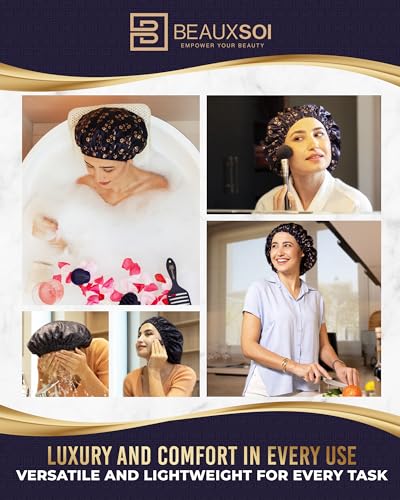 Luxury Reusable Shower Cap for Women - Satin Lined, Adjustable & Waterproof - Keeps Hair Dry- Durable Hair Bonnet by BEAUXSOI (Fleur de Nuit) - Floral design
