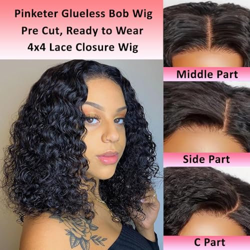 Wear and Go Bob Wig Human Hair Deep Wave Glueless Wigs Pre Plucked Pre Cut 4x4 Lace Closure 180% Density Ready to Wear Bob Wigs for Black Women Beginner Friendly (Curly Bob Wig, 12inch)