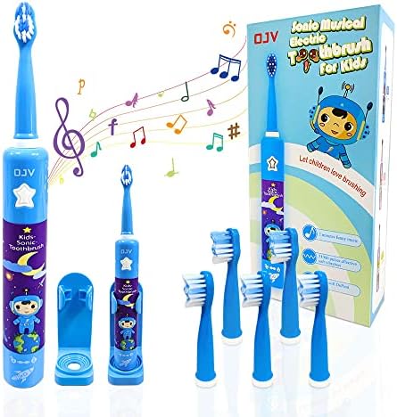 OJV 8620 Musical Electric Toothbrushes for Kids Children, 3 Modes 2 Min Timer, 6 Bristles Rechargeable Power Smart Sonic Music Play Song Toothbrush for Girls Age 3-14 with Wall Mounted Holder (Blue)