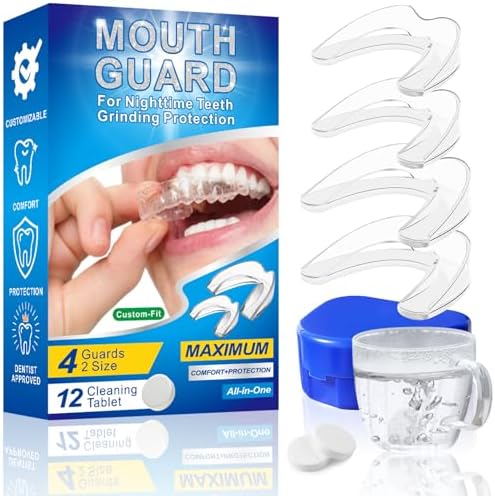 Mouth Guard for Grinding Teeth at Night - Custom Moldable Dental Guard for Teeth Clenching and Bruxism Relief, BPA-Free Night Guard with Cleaning Tablets, 4 Packs, 2 Sizes