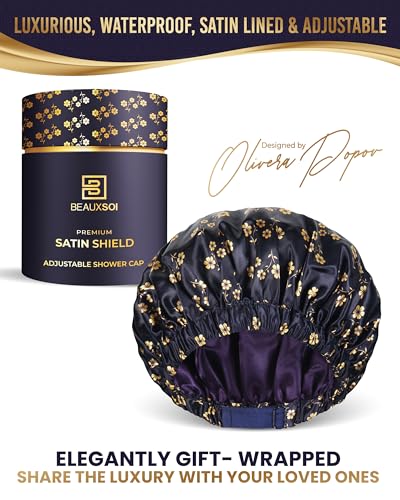 Luxury Reusable Shower Cap for Women - Satin Lined, Adjustable & Waterproof - Keeps Hair Dry- Durable Hair Bonnet by BEAUXSOI (Fleur de Nuit) - Floral design