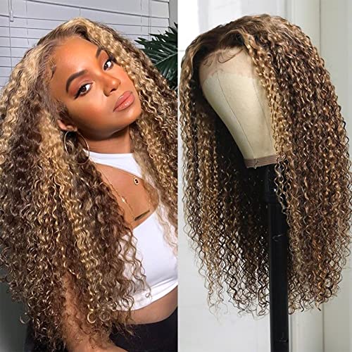 Wear and Go Glueless 5x5 HD Lace Closure Wigs Human Hair Deep Wave Wig Human Hair Pre Plucked Pre Cut P4/27 Honey Blonde Ombre Highlight Wig Human Hair 180% Density 20 Inch