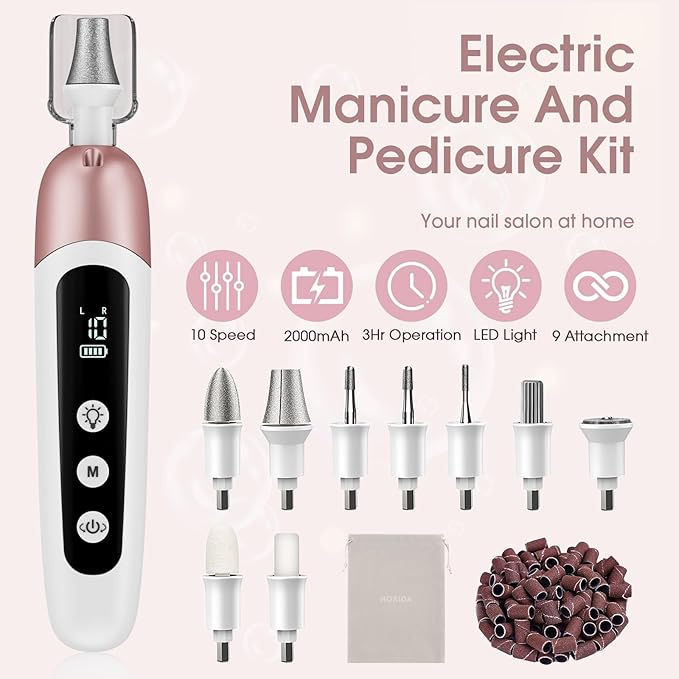 Cordless Electric Nail File Set, Professional Manicure Pedicure Kit, 10 Speed Portable Nail Drill Machine with Memory Modes, Pedicure Tools for feet, Hand Foot Care Tool for Thick Nail Toenail Cuticle
