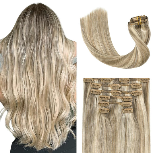 UGOTRAYS Clip in Hair Extensions Real Human Hair - 20 inch 100g Ash Blonde Mixed Bleach Blonde Straight 7pcs Double Weft - 100% Remy Human Hair Extensions #18p613 20in
