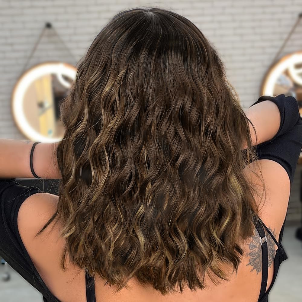 AISI HAIR Synthetic Curly Bob Wig with Bangs Natural Brown with Blonde Highlight Short Wavy Hair for Women Natural Looking Heat Resistant Bob Wigs