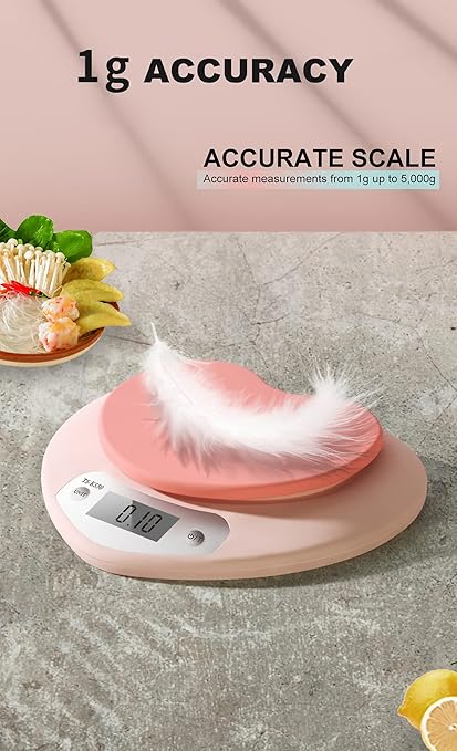 YRY Pink Kitchen Scale - Large LCD, Tare Function, 11 lbs Capacity, 0.03 oz Precise Graduation - Perfect Food Scale for Baking & Cooking, ML & Oz Unit for Liquids and Solids (Pink 5kg/1g)