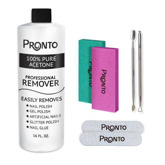 Pronto Pure Acetone 16 oz Nail Polish Remover Gel Nail Kit, Acrylic Nail Kit Including Cuticle pusher, Nail File, Nail Buffer, and Nail scraper- Ideal For Gel Nail Polish & Dip Powder Removal