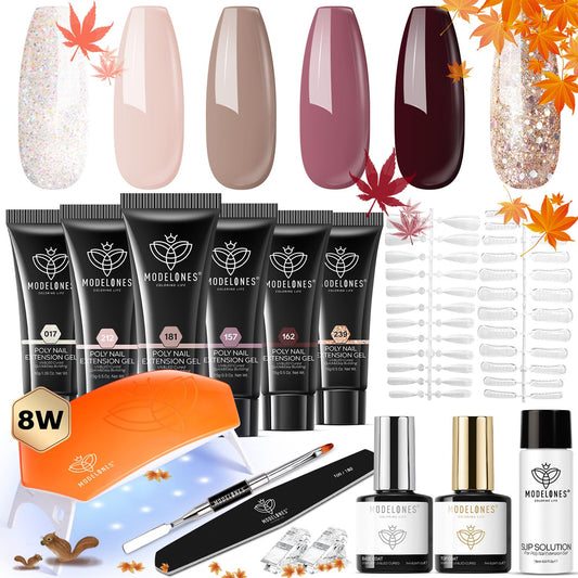 modelones Poly Extension Gel Nail Kit 6 Colors with 8 W Nail Lamp Brown Red Gel Kit Nude Glitter Complete Starter Tools for Beginner DIY at Home for Women