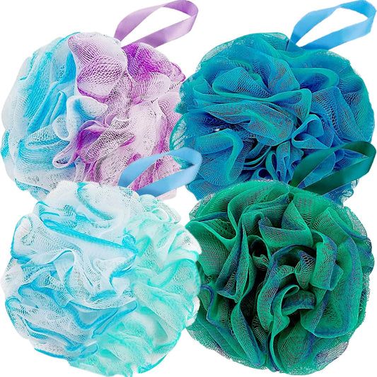 Fu Store Loofah Sponge Shower Loofahs 70g Bath Sponges Mesh Balls 4 Colors for Body Scrubber Exfoliator Wash Back Scrubbers Bathroom Men Women - 4 Pack Cleaning Bathing Accessories, 70g Green Blue