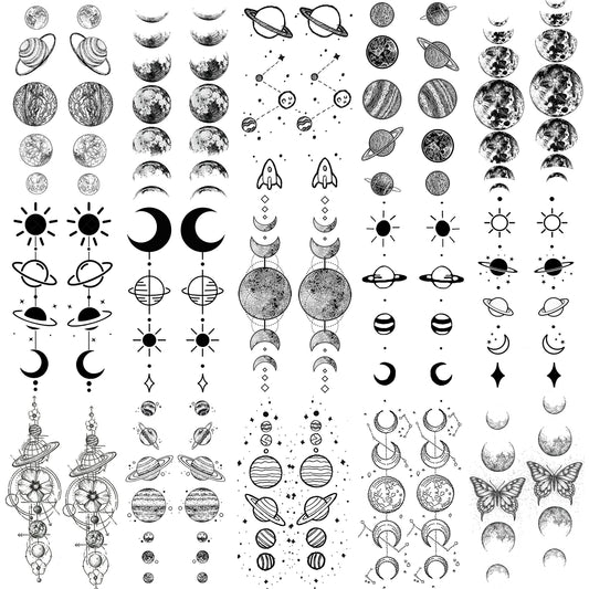 Shegazzi 15 Sheets Realistic Space Planets Chain Temporary Tattoos For Women Men Arm Neck, Butterfly Solar System Moon Sun Star Fake Tattoo Sticker, Small Universe Tatoos Kids Girls Boys Forearm Body