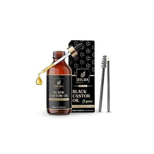 Zelba Organic Jamaican Black Castor Oil - Cold Pressed, 100% Pure & Natural Hair Growth, Eyelash Eyebrow Enhancer, Skin Moisturizer Hexane-Free in Glass Bottle 4.2 fl oz